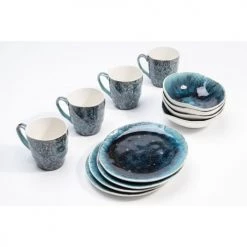 Kare Design Lot 4 Mugs, 4 Assiettes Creuses, 4 Assiettes Plates En Grès Bleu -Assiettes Soldes Magasin lot 4 mugs 4 assiettes creuses 4 assiettes plates en gres bleu 1